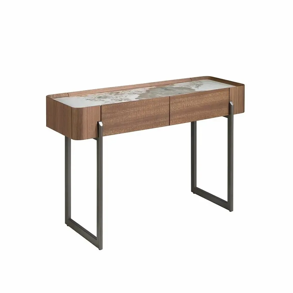 Console table - Rectangular porcelain marble, walnut and dark metallic steel console table - ANGEL CERDÁ