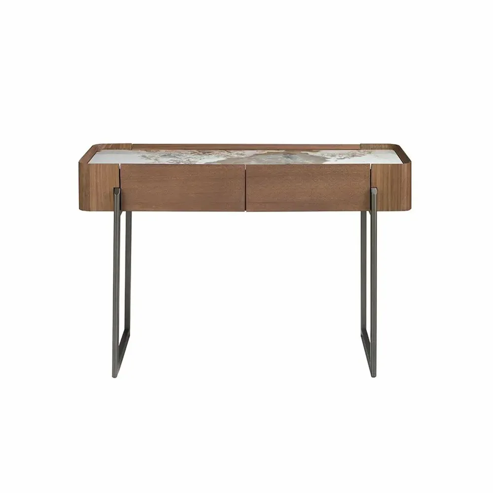 Console table - Rectangular porcelain marble, walnut and dark metallic steel console table - ANGEL CERDÁ