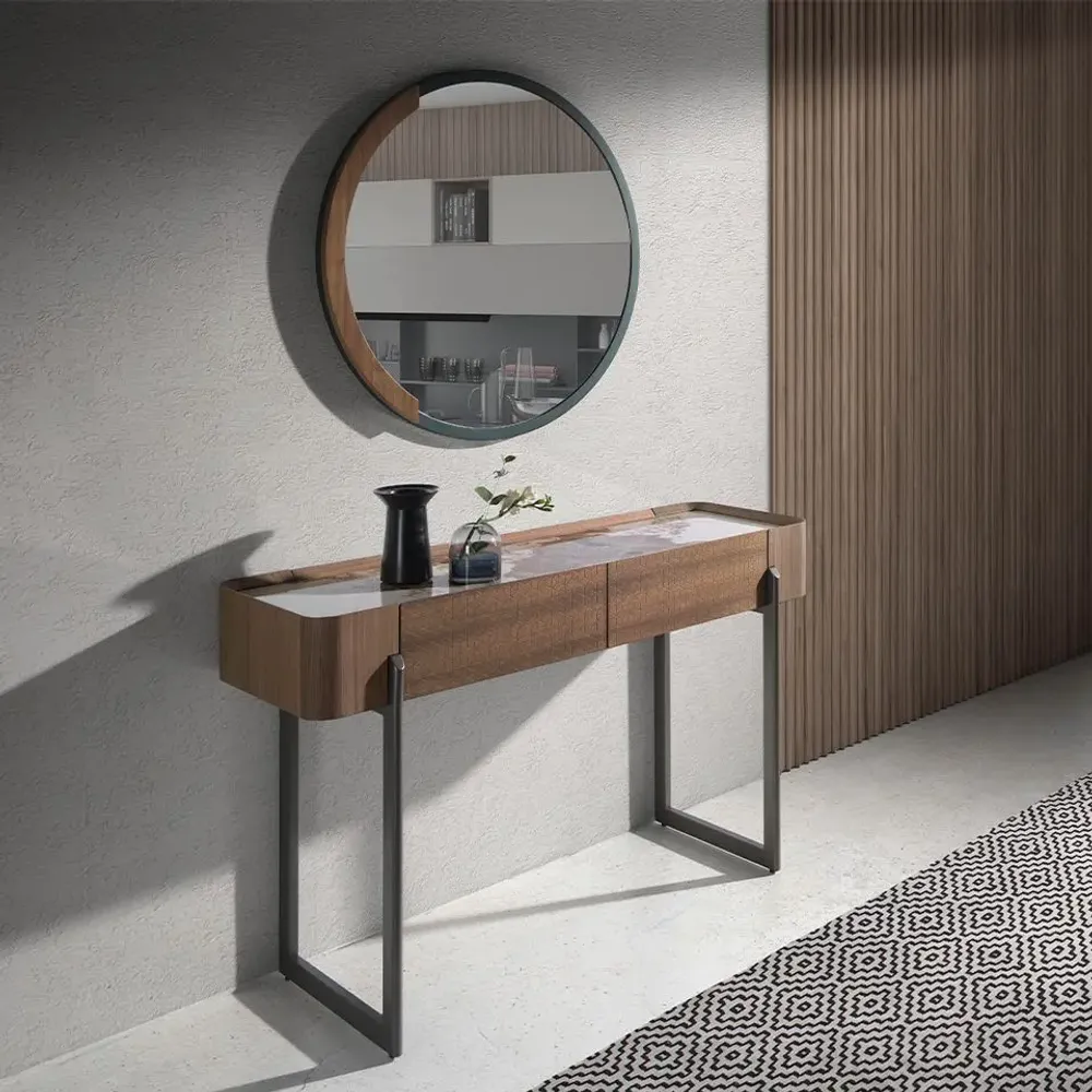 Console table - Rectangular porcelain marble, walnut and dark metallic steel console table - ANGEL CERDÁ