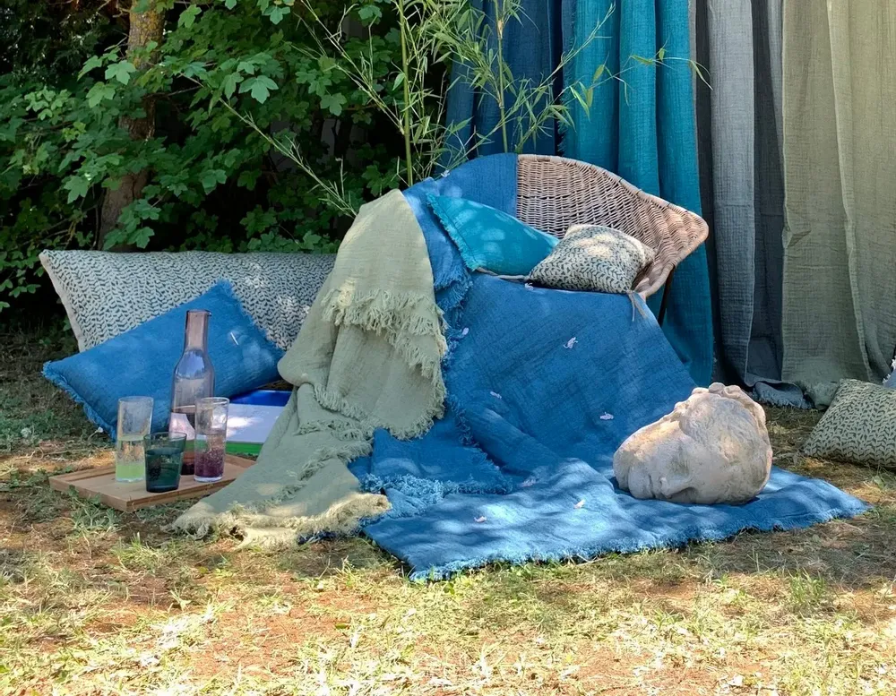 Linge de lit - ETAMINE Bout de lit 90x200 cm ETAMINE 2 INDIGO - EN FIL D'INDIENNE...