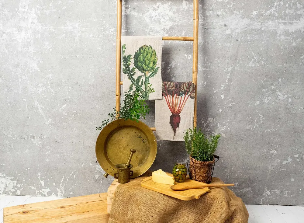 Kitchen linens - Linen Kitchen Towels   ǀ  ARTICHOKE & BEETROOT - LINOROOM 100% LINEN TEXTILES