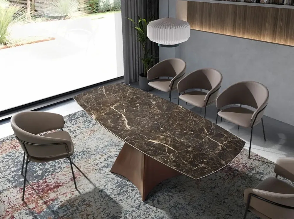 Dining Tables - Oval Barrel porcelain marble and walnut effect steel dining table - ANGEL CERDÁ
