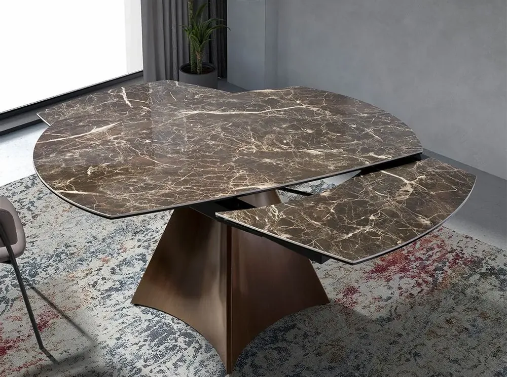 Dining Tables - Oval Barrel porcelain marble and walnut effect steel dining table - ANGEL CERDÁ