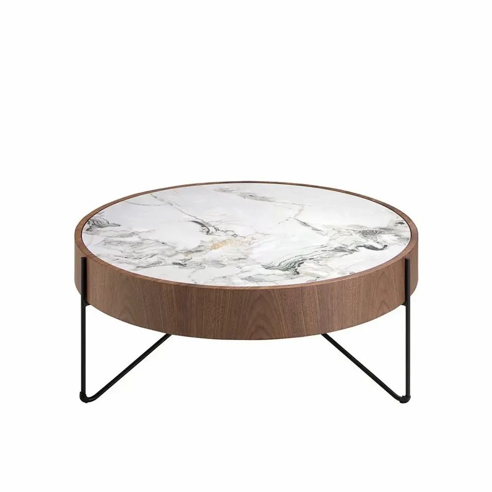 Tables basses - Table basse ronde en marbre porcelaine, noyer et acier noir - ANGEL CERDÁ