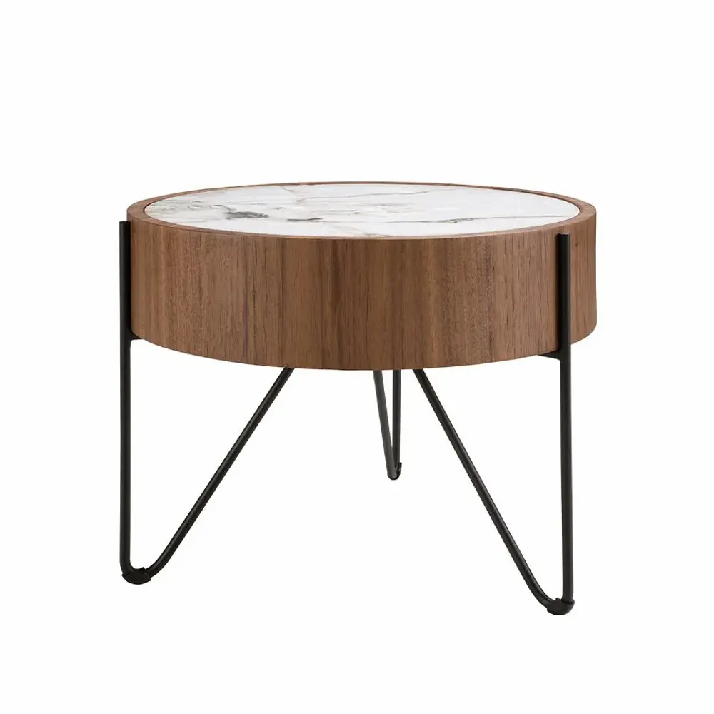 Tables basses - Table d'angle ronde en marbre porcelaine, noyer et acier noir - ANGEL CERDÁ