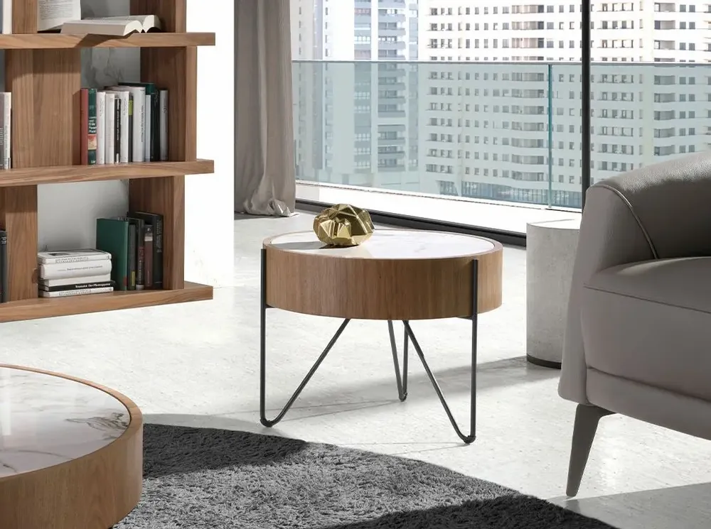 Tables basses - Table d'angle ronde en marbre porcelaine, noyer et acier noir - ANGEL CERDÁ