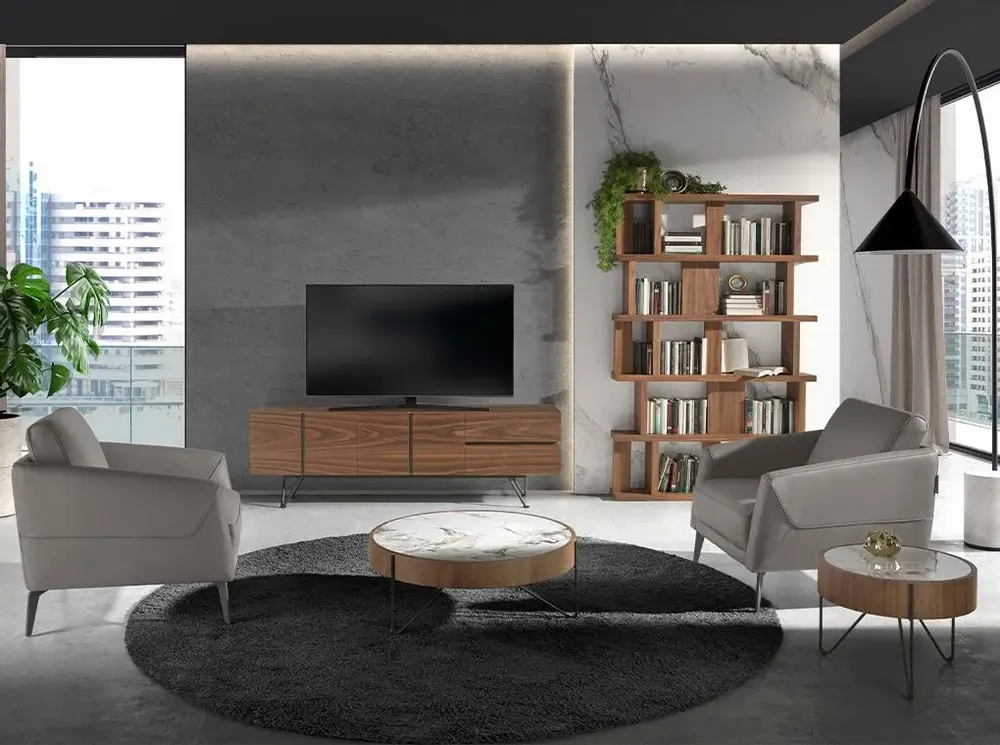 Tables basses - Table d'angle ronde en marbre porcelaine, noyer et acier noir - ANGEL CERDÁ