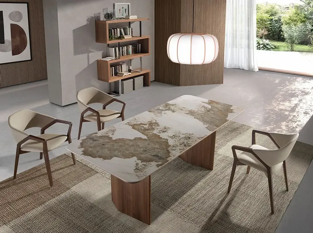 Dining Tables - Rectangular porcelain marble and walnut dining table - ANGEL CERDÁ