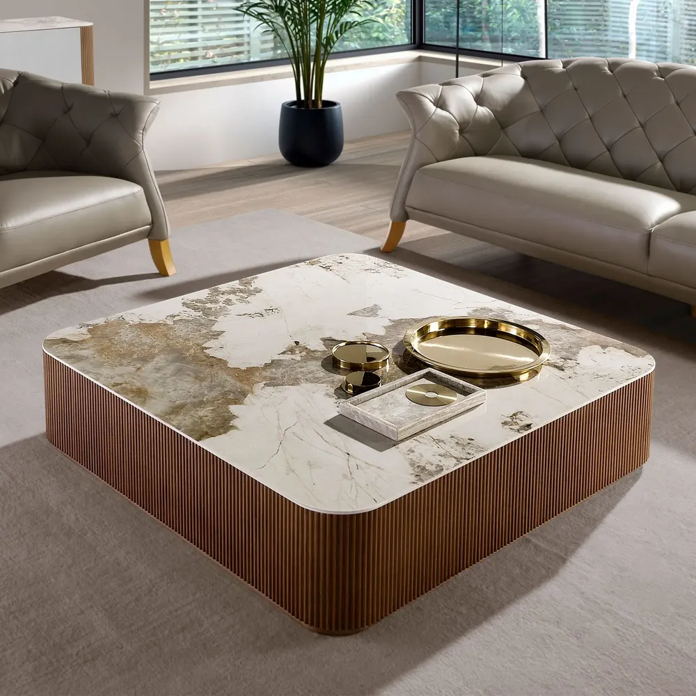 Coffee tables - Porcelain marble and walnut square coffee table - ANGEL CERDÁ