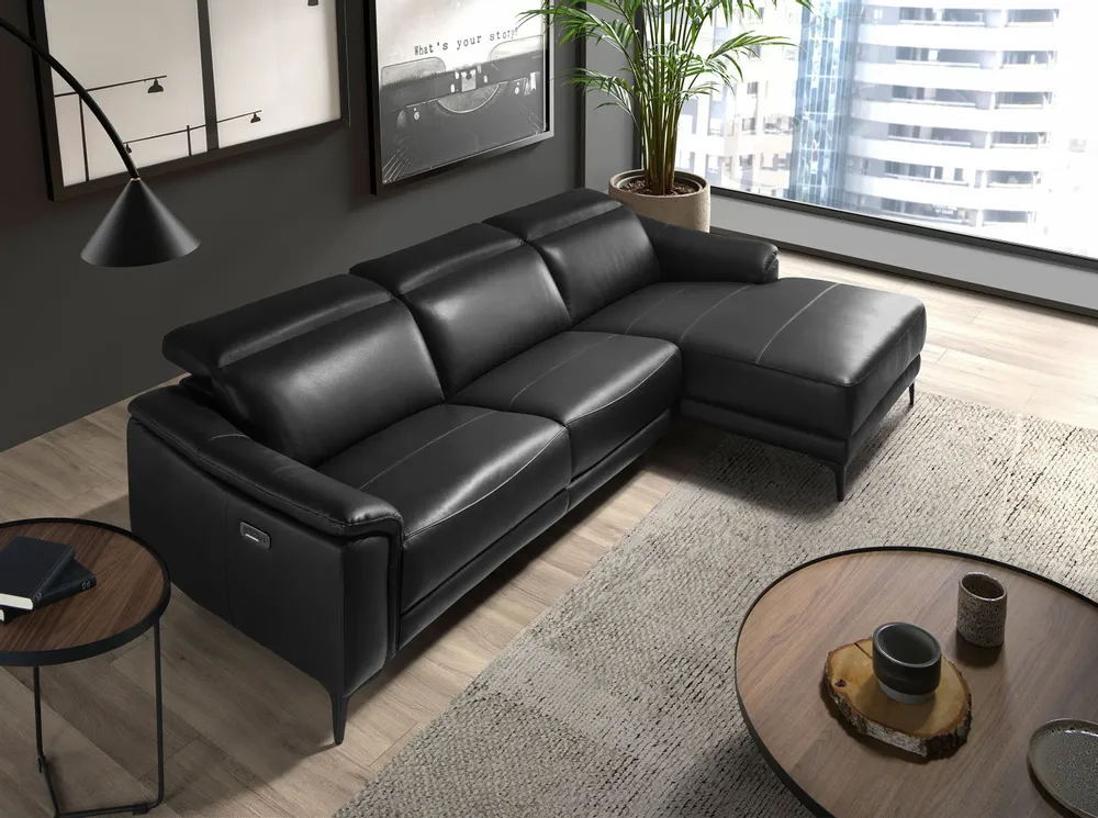 Sofas - Right chaise longue relaxation sofa in black leather - ANGEL CERDÁ