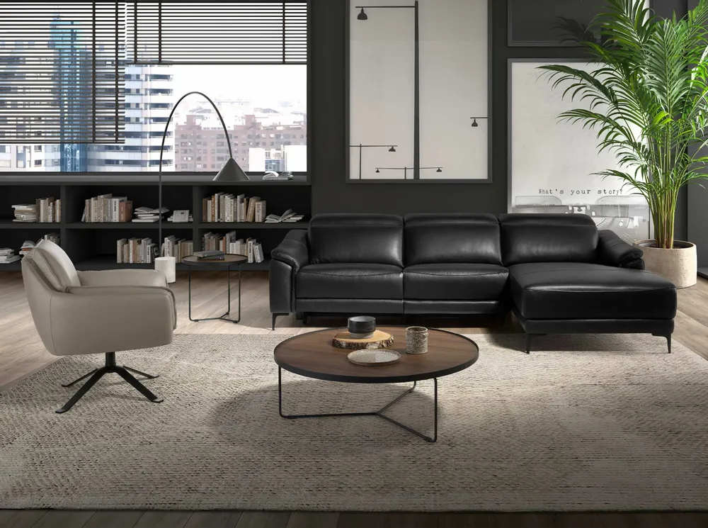 Sofas - Right chaise longue relaxation sofa in black leather - ANGEL CERDÁ