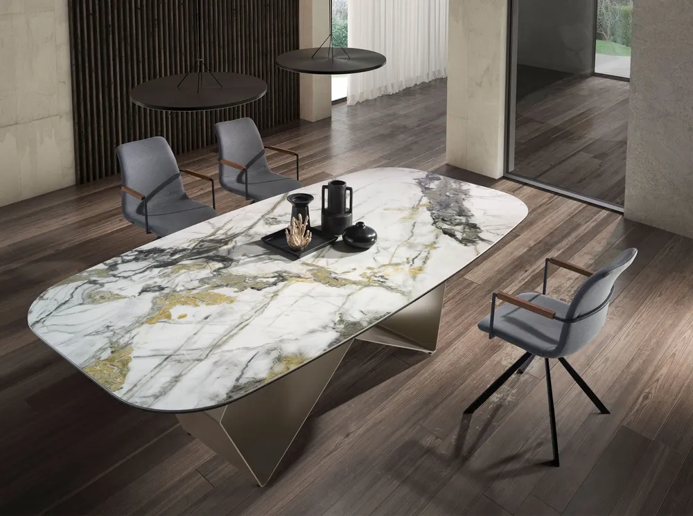 Dining Tables - Rectangular dining table in porcelain marble and champagne-coloured st - ANGEL CERDÁ