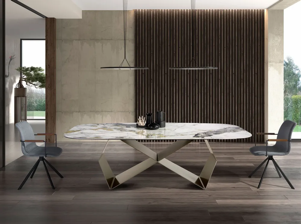 Dining Tables - Rectangular dining table in porcelain marble and champagne-coloured st - ANGEL CERDÁ