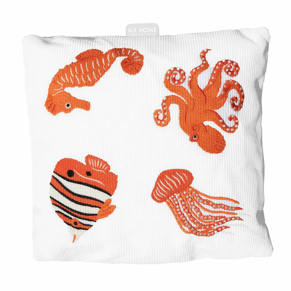 Outdoor decorative accessories - White outdoor cushion with orange fish embroidery - MX HOME