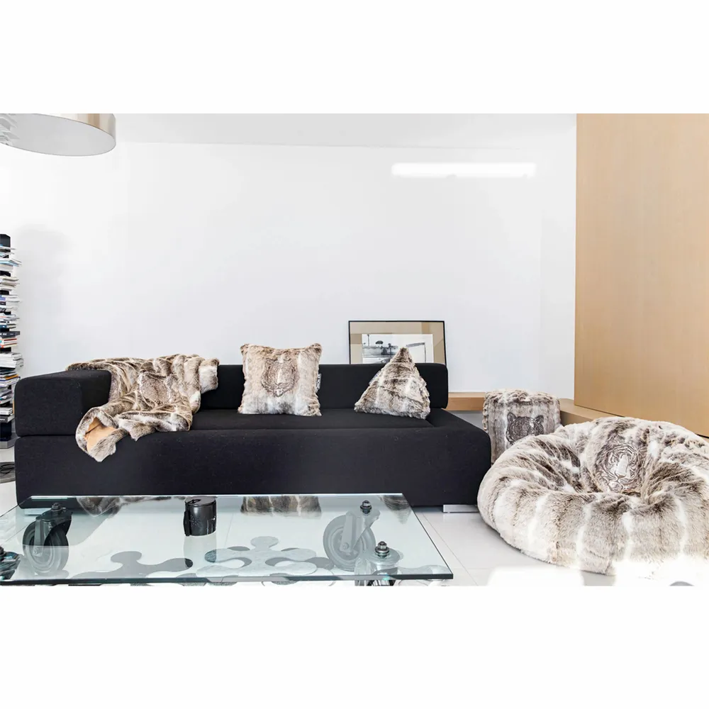 Chaises de jardin - Pouf en fausse fourrure brodé marron clair - MX HOME