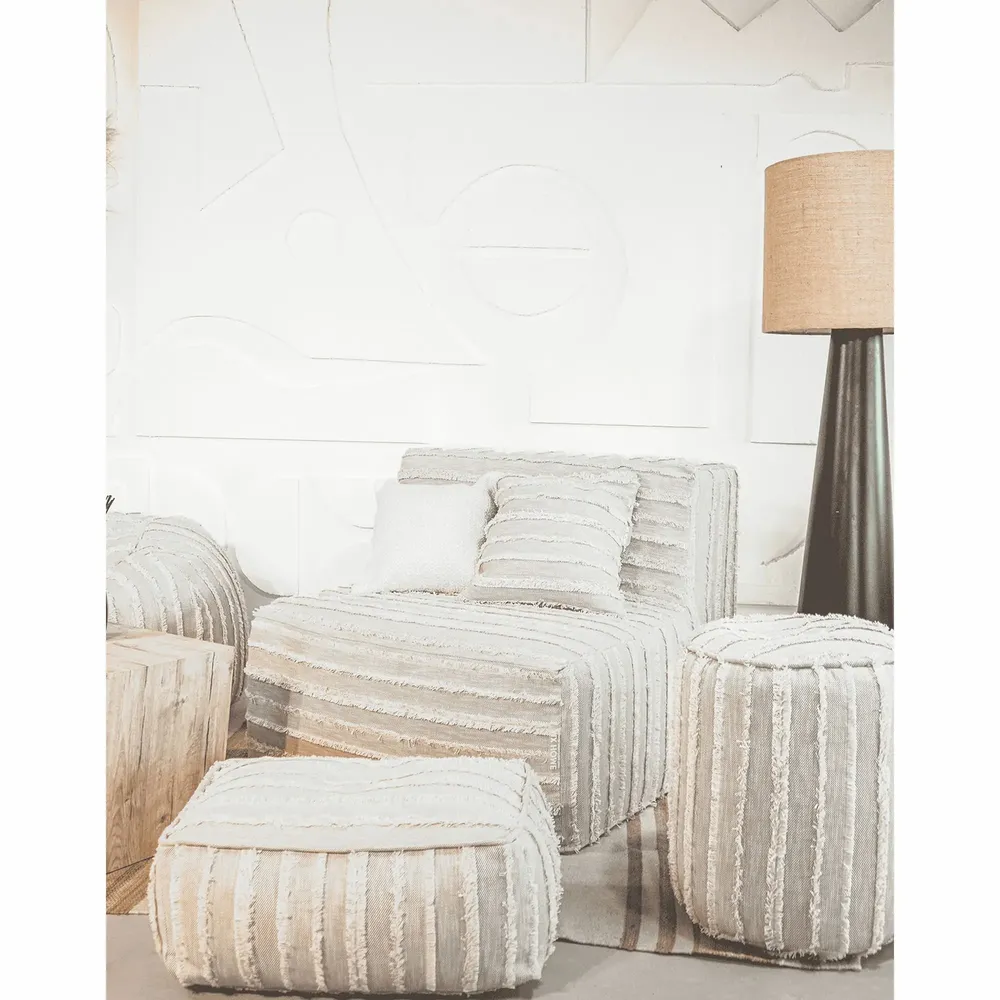 Chaises de jardin - Tabouret déhoussable repose pieds en coton gris a frange - MX HOME