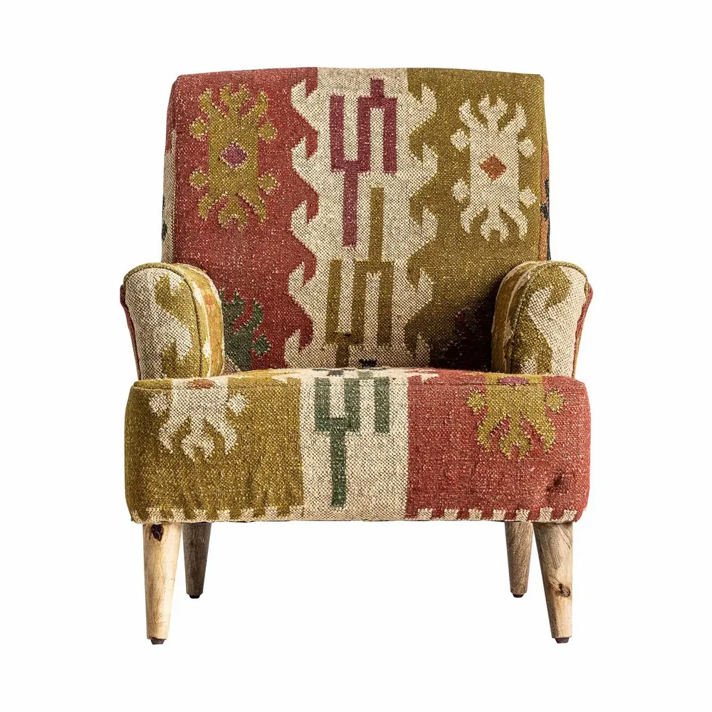 Fauteuils - Fauteuil en bois de mangue tons clairs kilim en 82x83x90 cm - VICAL