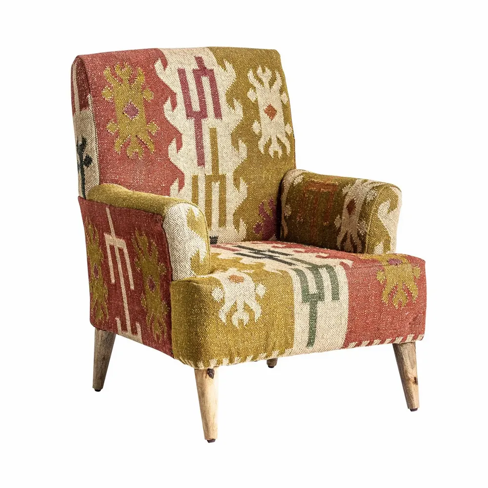 Fauteuils - Fauteuil en bois de mangue tons clairs kilim en 82x83x90 cm - VICAL