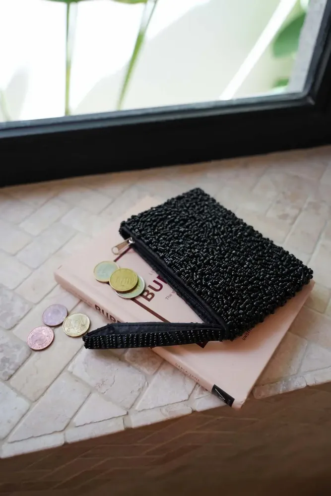 Clutches - The Black Beaded Wallet - BAZAR BIZAR LIVING
