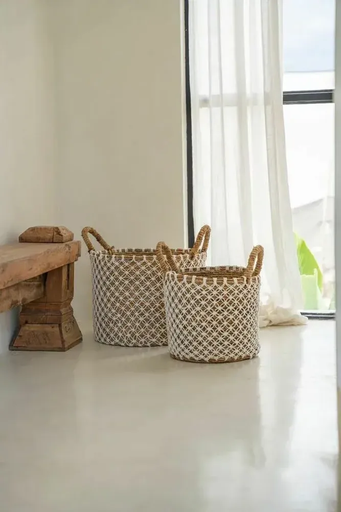 Storage boxes - The Crossed Stitched Macrame Basket - Natural White - M - BAZAR BIZAR LIVING
