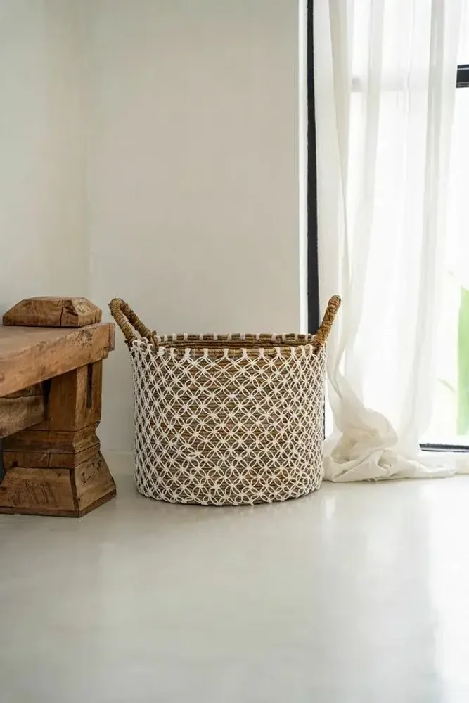 Storage boxes - The Crossed Stitched Macrame Basket - Natural White - M - BAZAR BIZAR LIVING