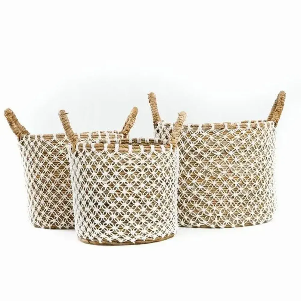 Storage boxes - The Crossed Stitched Macrame Basket - Natural White - M - BAZAR BIZAR LIVING