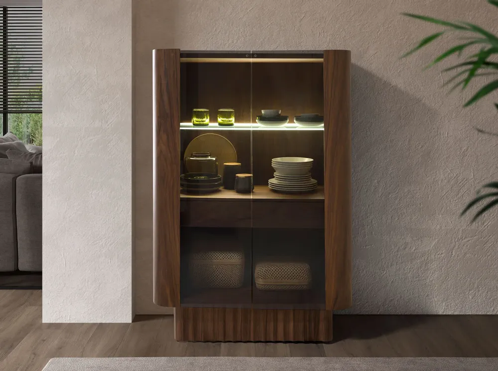 Buffets - Buffet haut en verre trempé, noyer avec éclairage intérieur - ANGEL CERDÁ