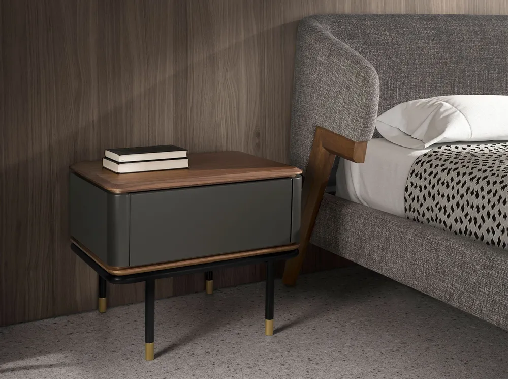 Night tables - Bedside table in matt dark grey wood, black steel and walnut top - ANGEL CERDÁ