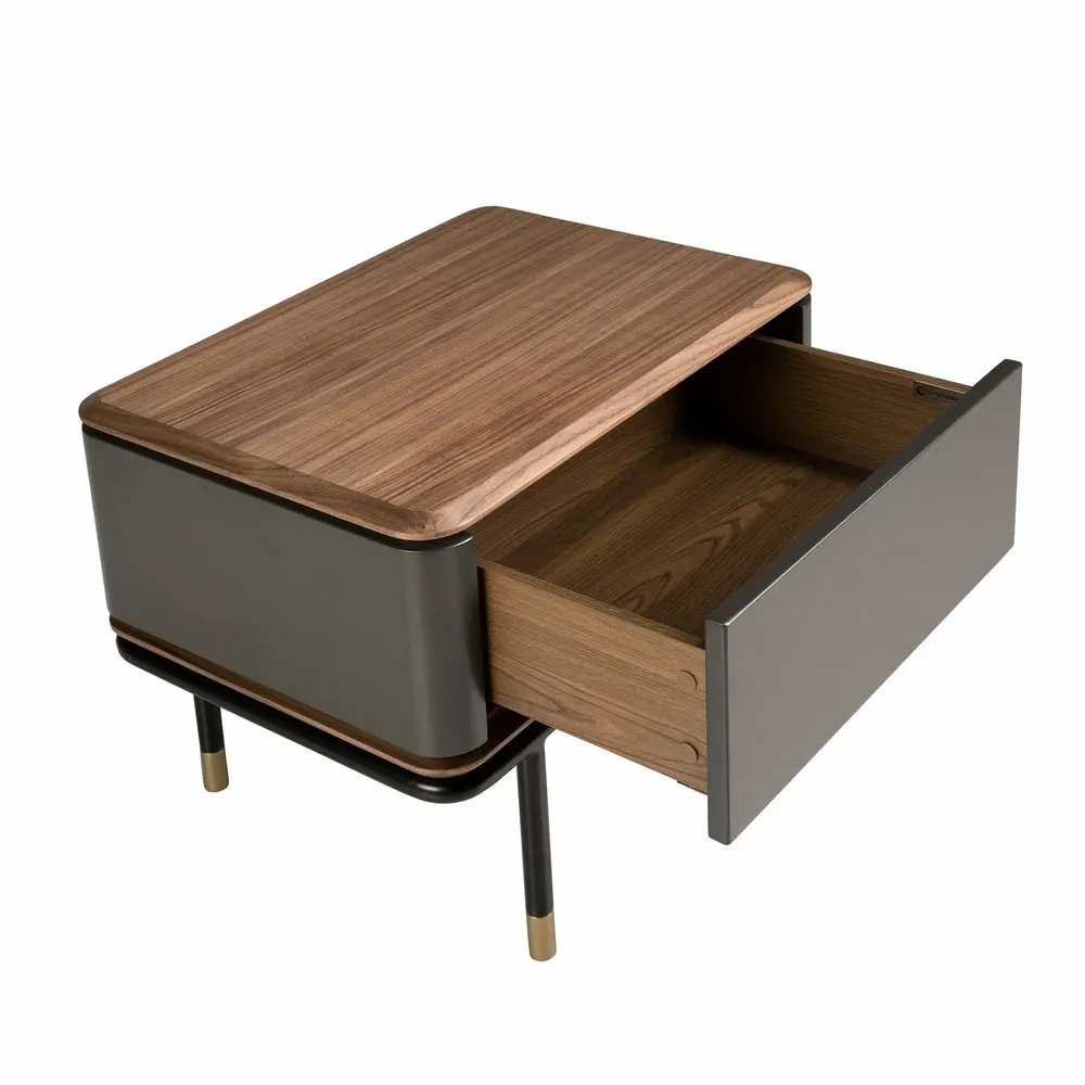 Night tables - Bedside table in matt dark grey wood, black steel and walnut top - ANGEL CERDÁ