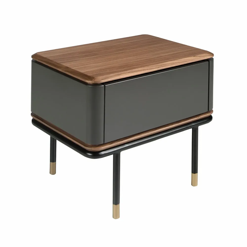 Night tables - Bedside table in matt dark grey wood, black steel and walnut top - ANGEL CERDÁ