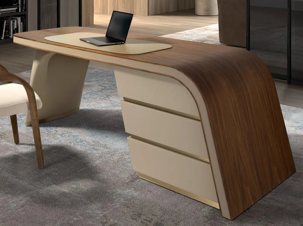 Desks - Writing desk in walnut and wood upholstered in cream leatherette - ANGEL CERDÁ