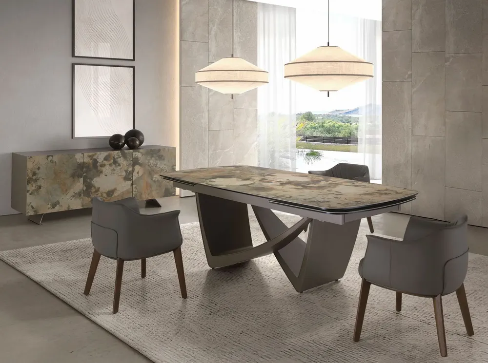 Dining Tables - Oval extending dining table oval barrel porcelain marble and taupe met - ANGEL CERDÁ