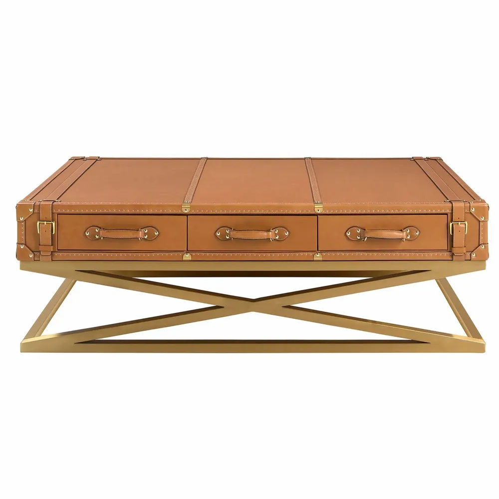 Coffee tables - Rectangular leather and golden steel coffee table - ANGEL CERDÁ