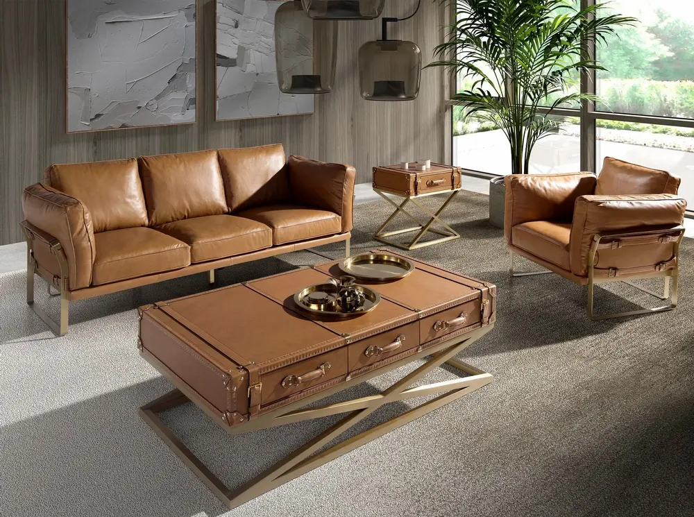 Coffee tables - Rectangular leather and golden steel coffee table - ANGEL CERDÁ