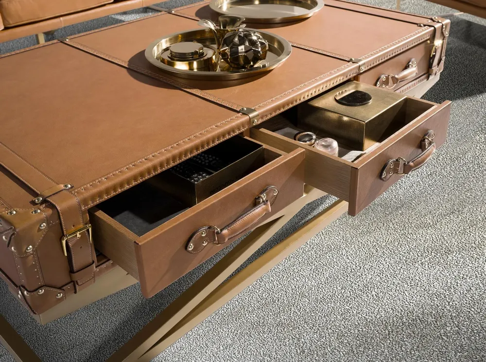 Coffee tables - Rectangular leather and golden steel coffee table - ANGEL CERDÁ