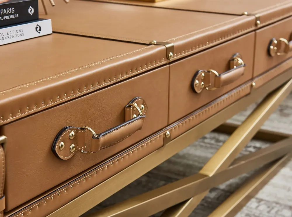 Coffee tables - Rectangular leather and golden steel coffee table - ANGEL CERDÁ