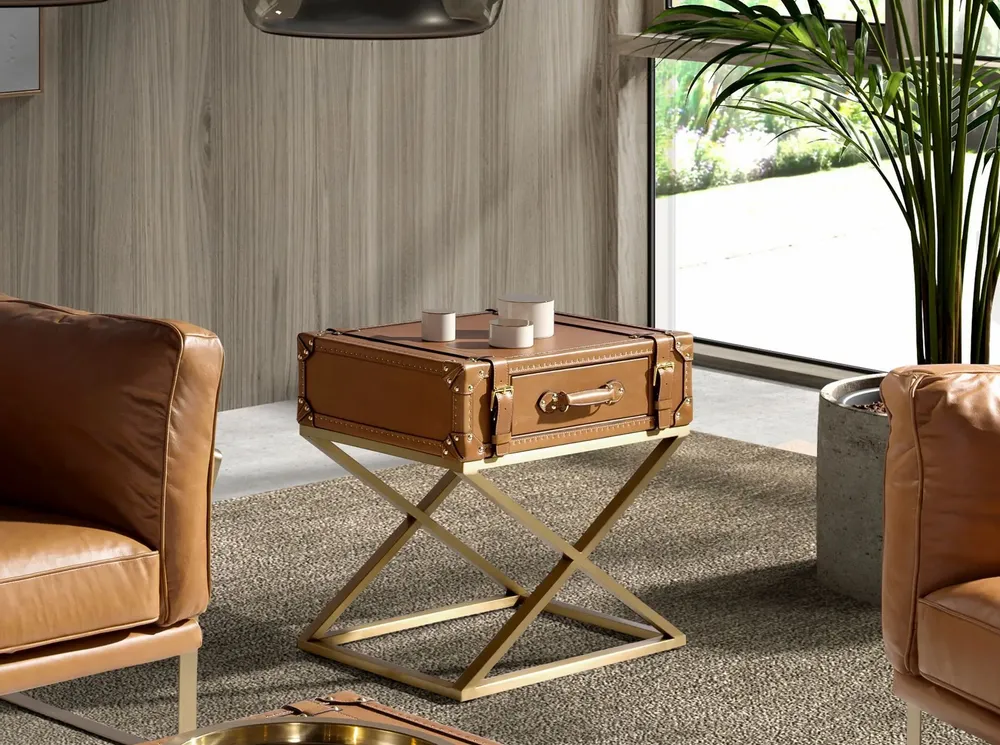 Autres tables  - Table d'angle rectangulaire en cuir et acier doré - ANGEL CERDÁ