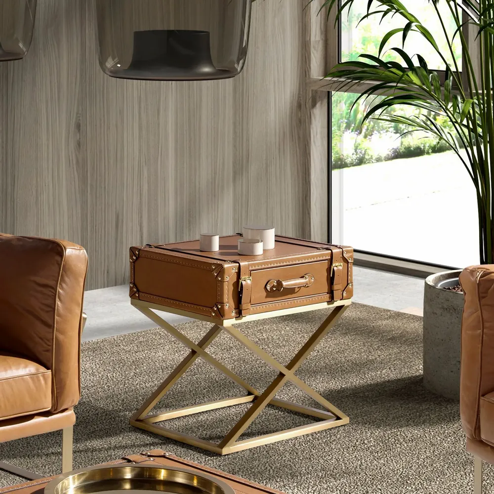 Autres tables  - Table d'angle rectangulaire en cuir et acier doré - ANGEL CERDÁ