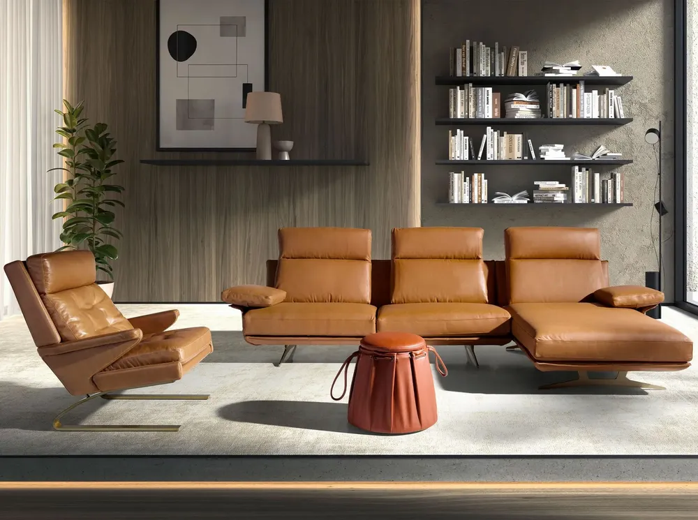 Sofas - Right chaise longue sofa in brown terracotta leather - ANGEL CERDÁ