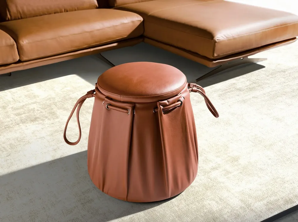 Benches - Caldera orange leather pouffe - ANGEL CERDÁ