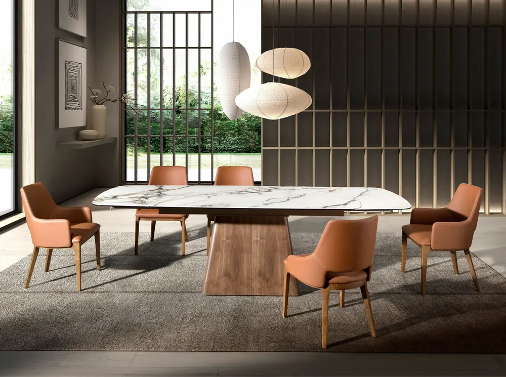 Dining Tables - Rectangular extending dining table in porcelain marble and walnut wood - ANGEL CERDÁ