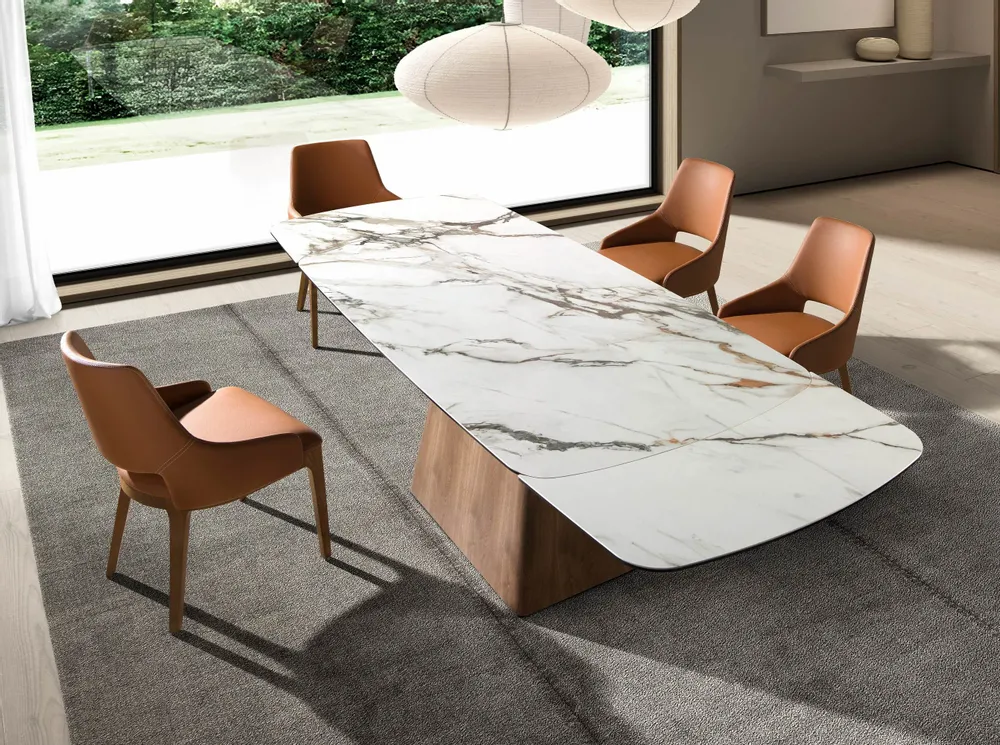 Dining Tables - Rectangular extending dining table in porcelain marble and walnut wood - ANGEL CERDÁ