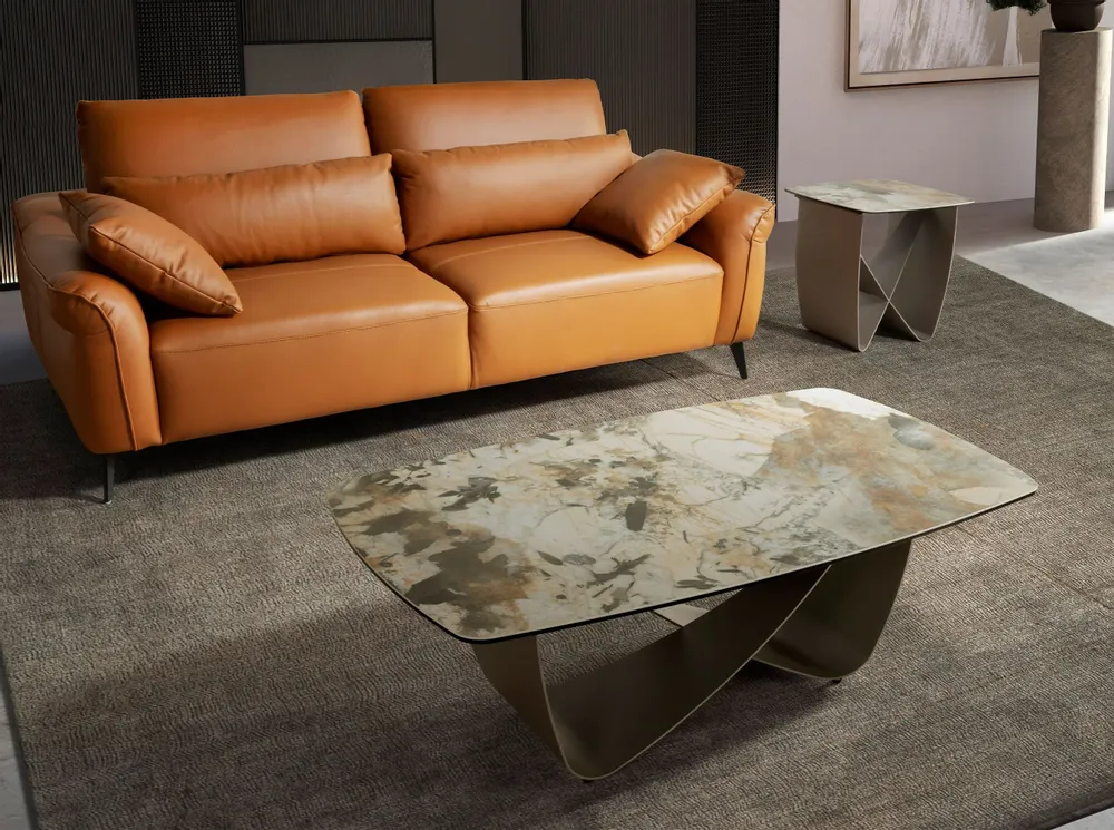 Coffee tables - Square corner table in porcelain marble and metallic taupe steel - ANGEL CERDÁ