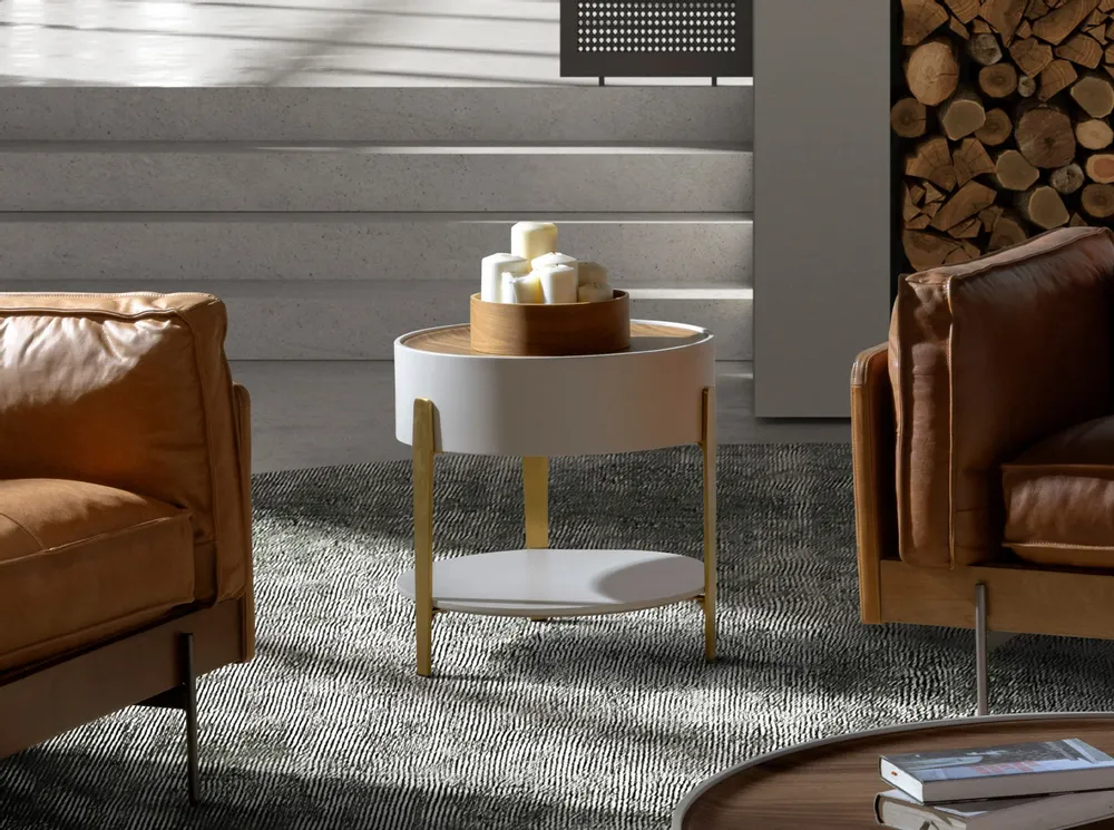 Tables basses - Table d'angle ronde en noyer, bois beige et acier poli plaqué or - ANGEL CERDÁ