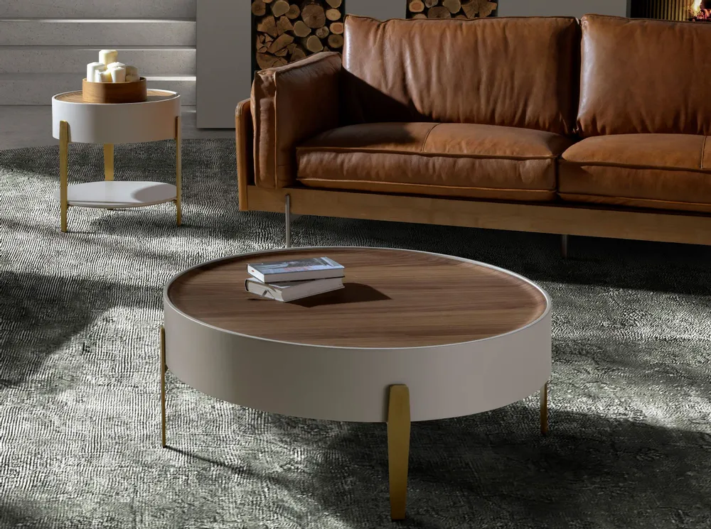 Tables basses - Table basse ronde en noyer, bois beige et acier poli doré - ANGEL CERDÁ