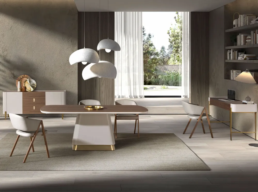 Buffets - Buffet en noyer, beige, acier poli doré et plateau en noyer - ANGEL CERDÁ