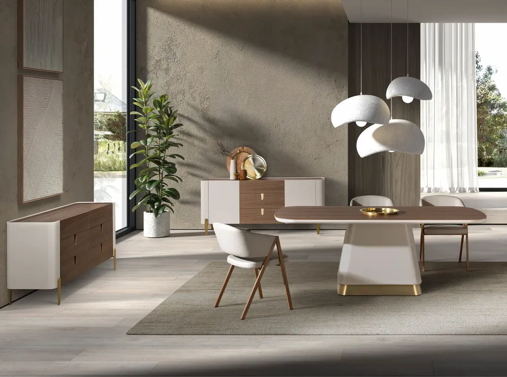 Buffets - Buffet en noyer, beige, acier poli doré et plateau en noyer - ANGEL CERDÁ