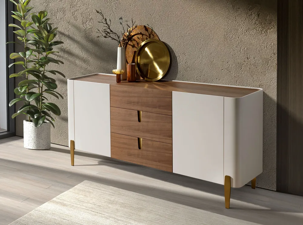 Buffets - Buffet en noyer, beige, acier poli doré et plateau en noyer - ANGEL CERDÁ