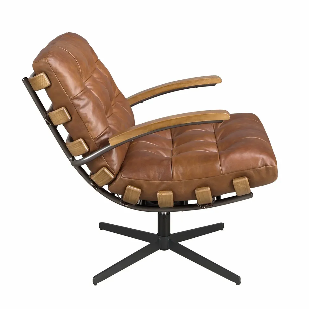 Lounge chairs - Dark brown leather and walnut swivel armchair - ANGEL CERDÁ