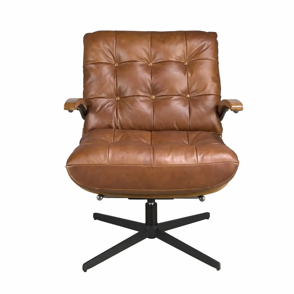 Lounge chairs - Dark brown leather and walnut swivel armchair - ANGEL CERDÁ